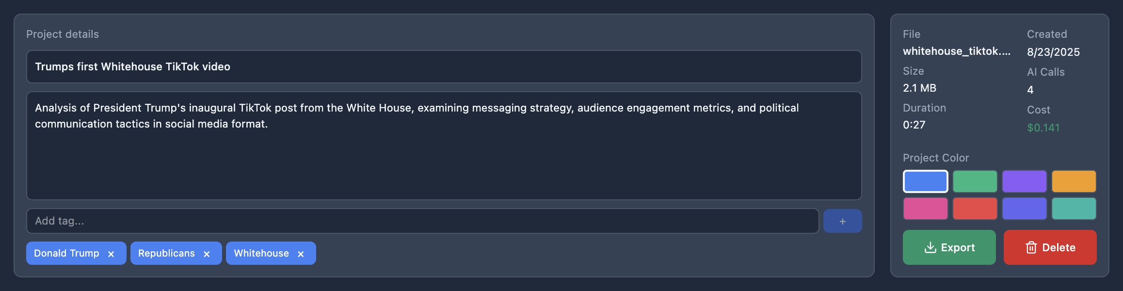 Project detail interface - right section